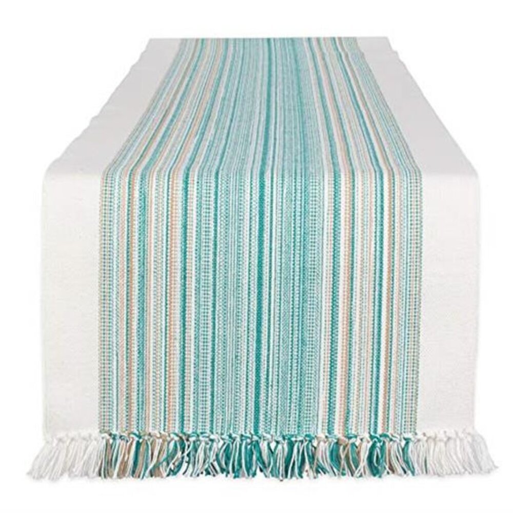 Teal Cotton Table Runner Fringed Stripe 14x72 Inch Dining Table Kitchen Decor